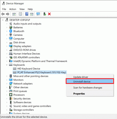 Clique com o botão direito nos drivers do teclado e selecione Desinstalar dispositivo