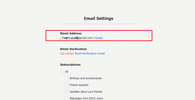이메일 설정 아래에 IMVU 계정의 이메일 주소가 표시됩니다.