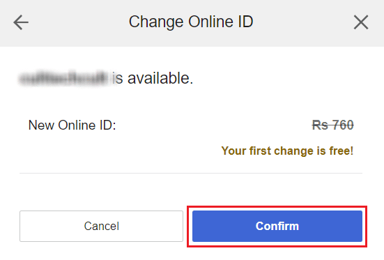 Jeśli żądany identyfikator jest dostępny, kliknij Potwierdź | zmień konto dziecka na konto rodzica na PS4