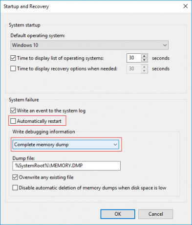 Poništite opciju Automatski ponovno pokreni, a zatim u Write debugging information (Zapiši informacije o otklanjanju pogrešaka) odaberite Complete memory dump