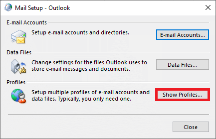 spustelėkite mygtuką Rodyti profilius…. Ištaisykite „Outlook“, įstrigusį įkeliant profilį sistemoje „Windows 10“.