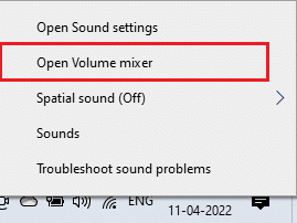 Faceți clic dreapta pe pictograma Difuzoare din colțul din dreapta jos al ecranului și faceți clic pe Deschideți mixerul de volum. Remediați eroarea audio Windows 10 0xc00d4e86
