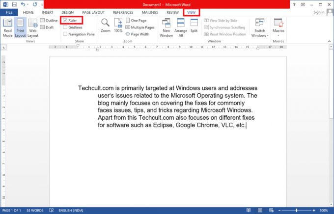 markera alternativet Linjal i Print layout-menyn i Microsoft Word. Hur man skapar ett hängande indrag i Word och Google Docs