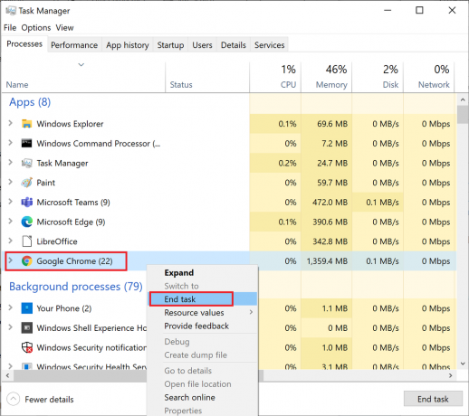 คลิกขวาที่กระบวนการของ Chrome จากนั้นเลือก End task