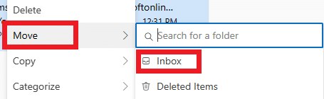 kattintson rá a jobb gombbal, és válassza az Áthelyezés, majd a Beérkezett üzenetek lehetőséget, hogy visszahelyezze a beérkezett üzenetek mappába. | Archiválás az Outlook 365-ben
