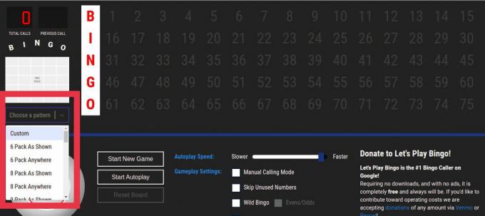 左上隅にあるドロップダウンリストから「パターンを選択」| ズームでビンゴをプレイする方法