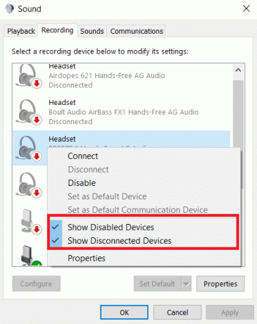 Velg alternativene, Vis deaktiverte enheter og Vis frakoblede enheter fra hurtigmenyen. Slik fikser du Skype Stereo Mix som ikke fungerer i Windows 10