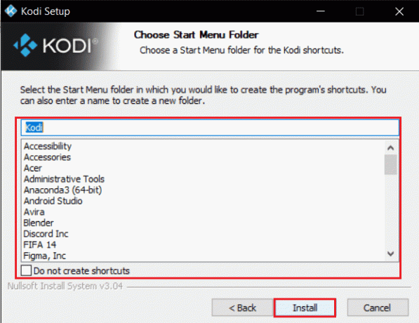 selecteer de map met het startmenu en klik op installeren in het Kodi-installatievenster