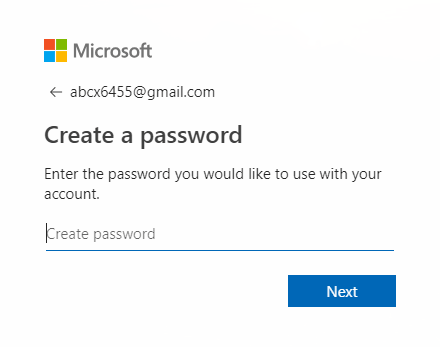 Ievadiet sava jaunā Microsoft konta paroli un noklikšķiniet uz Tālāk