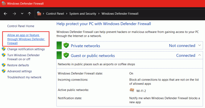 დააწკაპუნეთ აპის ან ფუნქციის დაშვება Windows Defender Firewall |-ის მეშვეობით ვარსკვლავი მოქალაქის შეცდომის კოდი 19000