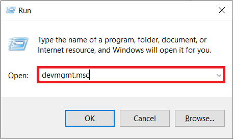 Typ devmgmt.msc in het opdrachtvenster Uitvoeren (Windows-toets + R) en druk op enter