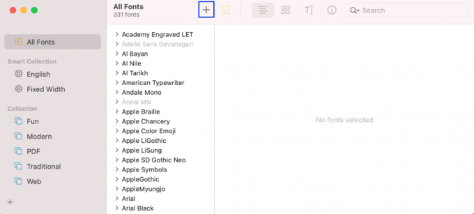 Kliknite na ikonu + (plus) | Knjiga fontova na Macu