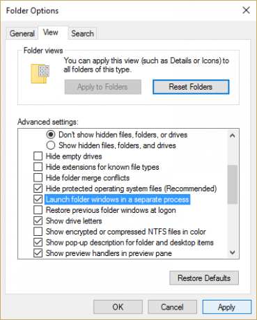 ตรวจสอบให้แน่ใจว่าได้ทำเครื่องหมายที่ Launch folder windows ในกระบวนการแยกต่างหากใน Folder Options