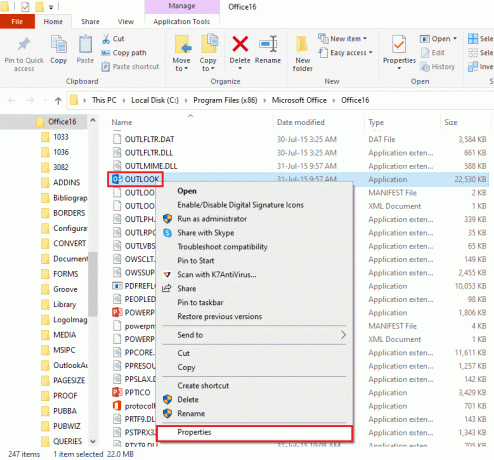 속성 옵션을 클릭하십시오. Outlook이 Windows 10의 안전 모드에서만 열리도록 수정