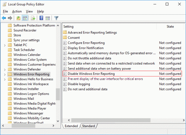Välj Windows Error Reporting och dubbelklicka på Inaktivera Windows Error Reporting policy i den högra fönsterrutan