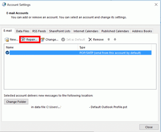 ไปที่แท็บอีเมลแล้วคลิกตัวเลือกซ่อมแซม 14 วิธีในการแก้ไขข้อผิดพลาด Outlook Disconnected