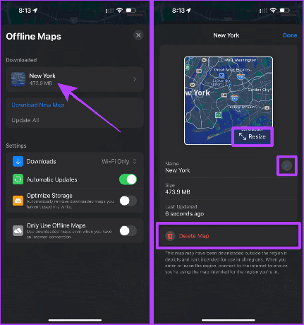 Tilpas størrelse Omdøb eller slet offlinekort i Apple Maps