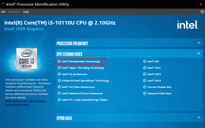 Skann CPU-teknologilisten for Intel Virtualization Technology vanligvis vil Intel Virtualization Technology være det aller første elementet på listen