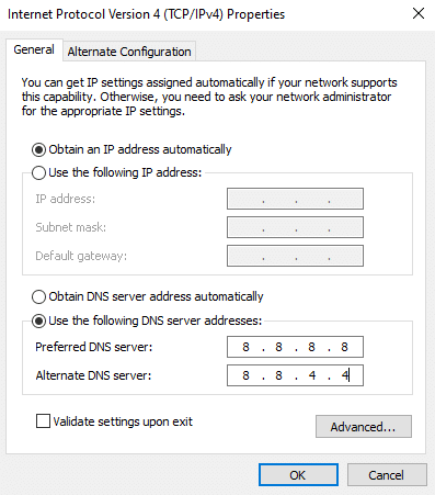 เลือกตัวเลือก ใช้ที่อยู่เซิร์ฟเวอร์ DNS ต่อไปนี้