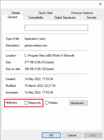 passez à l'onglet Général et décochez la case à côté de Lecture seule à côté de la section Attributs. Correction de l'erreur 51900101 de World of Warcraft dans Windows 10