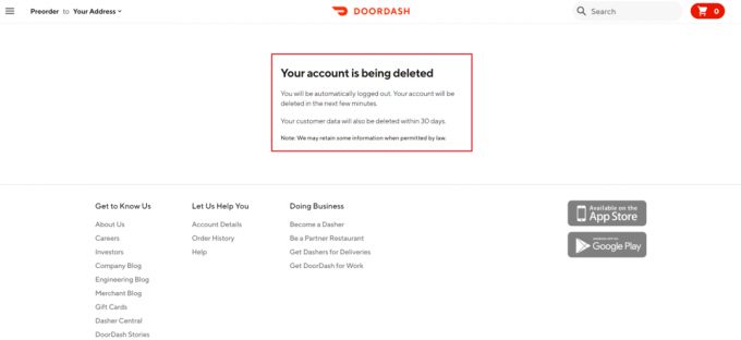 Din konto er slettet besked på DoorDash hjemmeside