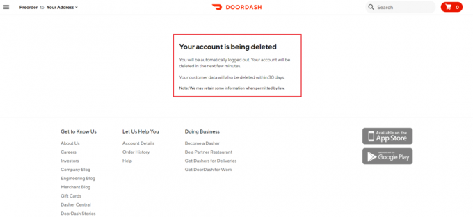 החשבון שלך נמחק הודעה באתר DoorDash