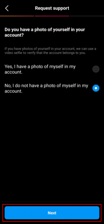 แตะที่ ไม่ ฉันไม่มีรูปถ่ายของตัวเองในตัวเลือกบัญชีของฉัน แล้วแตะที่ปุ่ม ถัดไป | วิธีลงชื่อเข้าใช้ Instagram โดยไม่มีหมายเลขโทรศัพท์และอีเมล