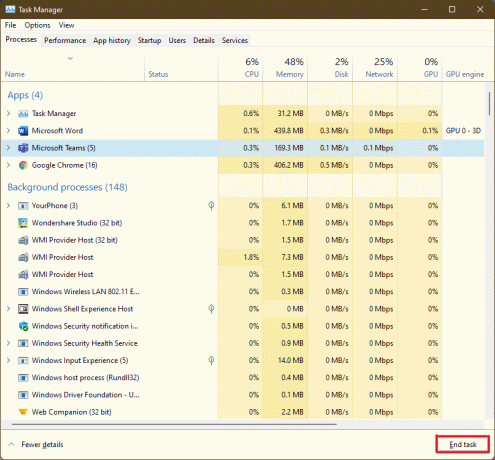 ตอนนี้ คลิกที่ตัวเลือก End task ที่มุมล่างขวาเพื่อออกจากแอปพลิเคชันที่มีปัญหา