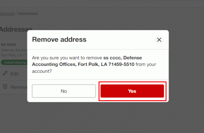 Klicken Sie dann im Eingabeaufforderungsfenster Adresse entfernen auf die Option Ja, um Ihre Adresse dauerhaft aus dem Zielkonto zu entfernen. | So löschen Sie das Zielkonto