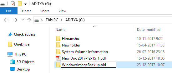 Pervardykite WindowsImageBackup į WindowsImageBackup.old ir paspauskite Enter