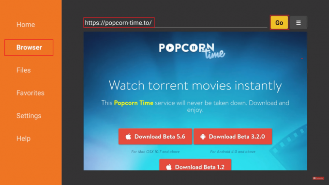 przejdź do menu przeglądarki i przejdź do strony popcorn time w programie do pobierania Amazon fire tv