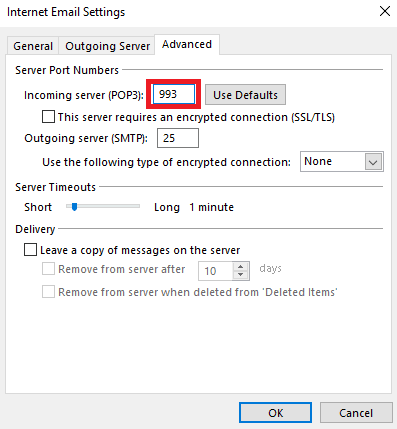 введіть значення POP3 сервера вхідної пошти як 993