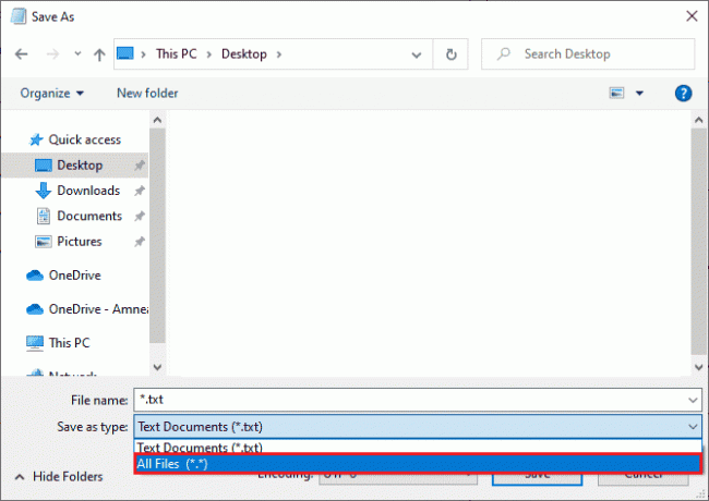 spremenite spustni meni Shrani kot vrsto na Vse datoteke in nato shranite datoteko z imenom s pripono CMD 