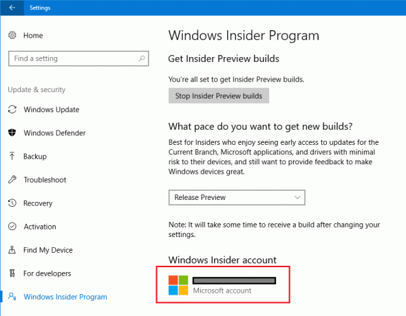 Verifique se a conta da Microsoft registrada no programa Insider está correta