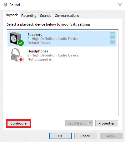 Ahora, cambie a la pestaña Reproducción y haga clic en Configurar. Reparar el sonido sigue cortándose en Windows 10