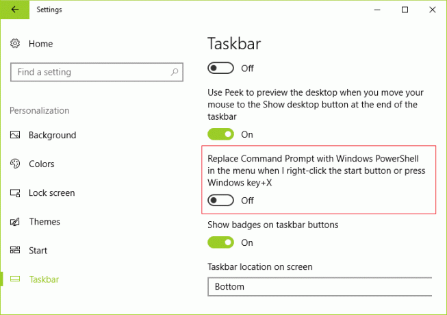 الآن قم بتعطيل مفتاح التبديل لـ " استبدال موجه الأوامر بـ Windows PowerShell في القائمة عندما أنقر بزر الماوس الأيمن فوق زر البدء أو اضغط على مفتاح Windows + X."