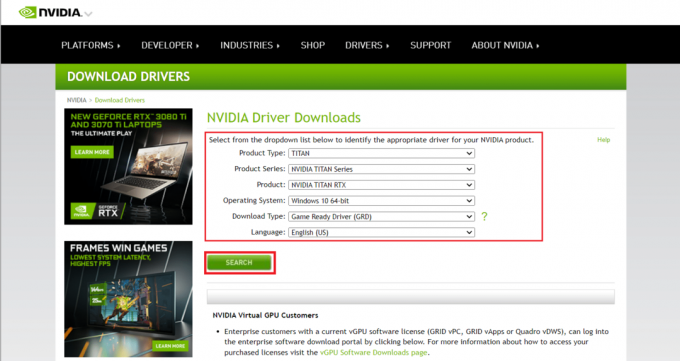 Vyplňte podrobnosti o modeli adaptéra NVIDIA a vyberte možnosť Hľadať.