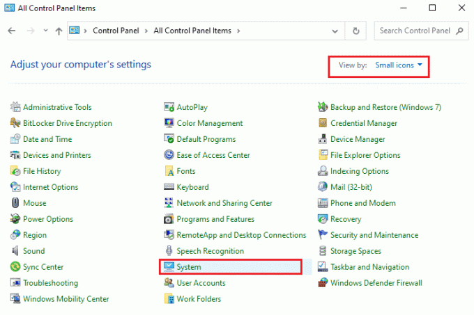ახლა დააყენეთ View by ოფცია Small icons-ზე და დააწკაპუნეთ System | როგორ დავაფიქსიროთ Windows განახლების შეცდომა 0x80070103