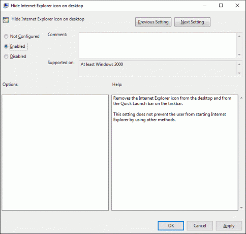 Sett Skjul Internet Explorer-ikonet på skrivebordspolicyen til Aktivert