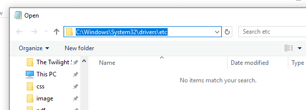 호스트 파일을 열려면 C:\Windows\system32\drivers\etc로 이동합니다.