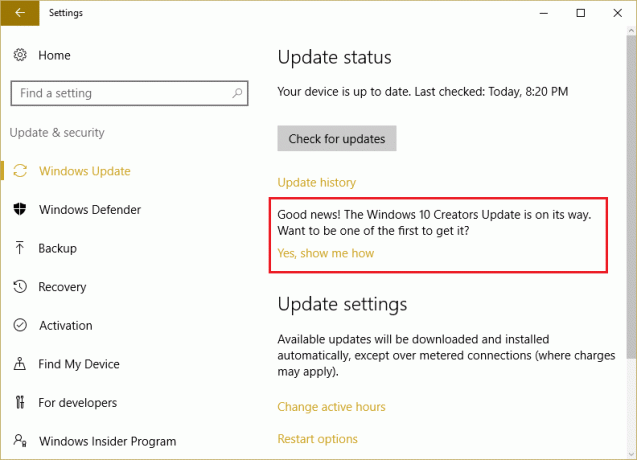 Deaktivieren Sie den Windows Creators Update-Hinweis in Windows Update