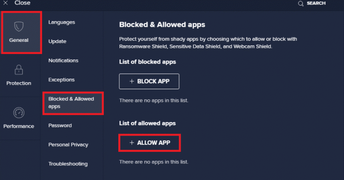 beralih ke tab Aplikasi yang Diblokir yang Diizinkan dan klik IZINKAN APLIKASI di bawah bidang Daftar aplikasi yang diizinkan