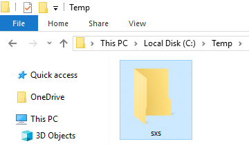 Kopier sxs-mappen fra Windows 10-kilden til Temp-mappen i rotkatalogen