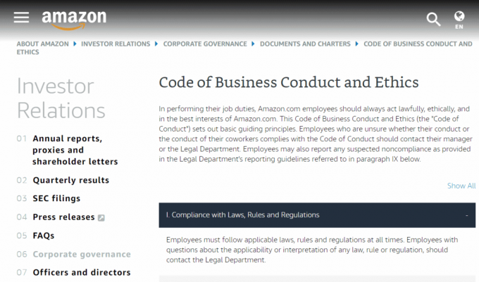Web stranica Kodeksa poslovnog ponašanja i etike | Što je Amazonova politika ponovnog zapošljavanja?