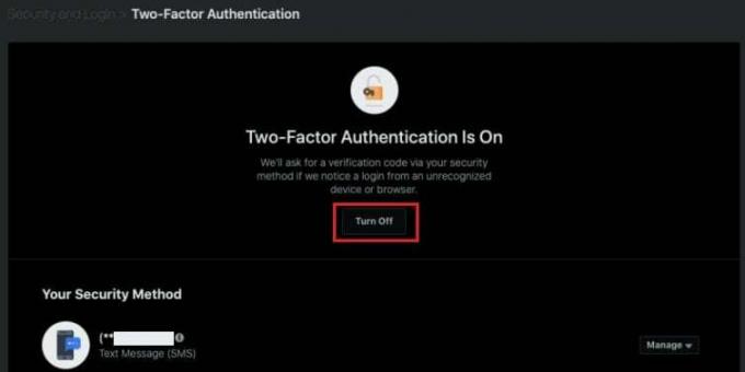 Faceți clic pe opțiunea Dezactivare pentru a dezactiva caracteristica de autentificare cu doi factori