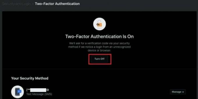 Spustelėkite parinktį Išjungti, kad išjungtumėte dviejų veiksnių autentifikavimo funkciją