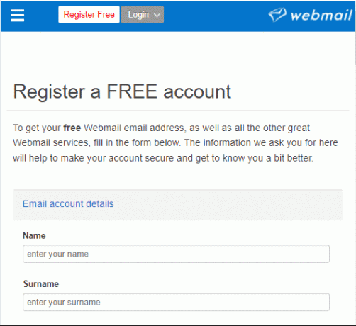 Webmail reģistrācijas lapa