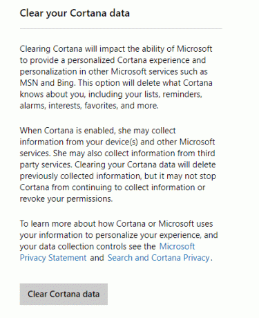 Щракнете върху Изчистване на данните на Cortana, за да деактивирате събирането на данни в Windows 10