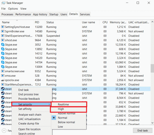 faceți clic dreapta pe Set Priority și selectați Realtime sau High. Fix Steam este lent