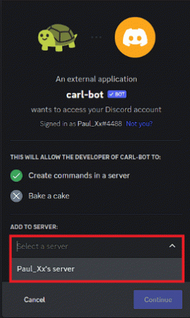 Wählen Sie einen Server aus, dem Sie den Carl Bot hinzufügen möchten